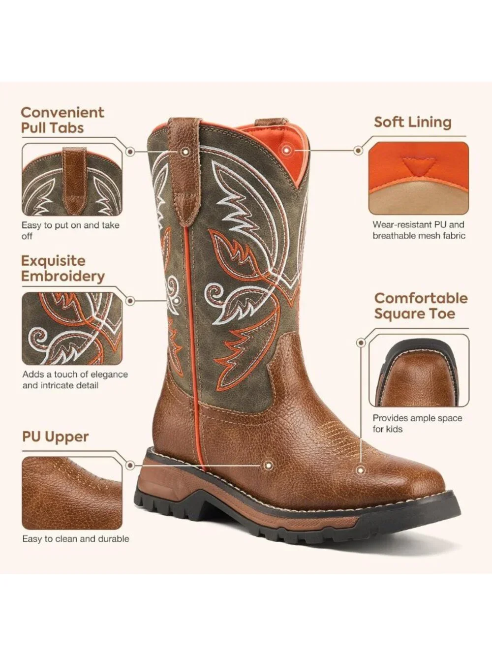 Stylish Kids Square Toe Cowboy Boots | Comfortable Mid Calf Western Riding